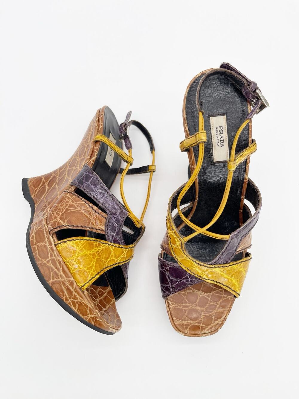 Prada Vintage Fall 2004 Runway Exotic Alligator Sculptural Wedge Sandals IT 35.5